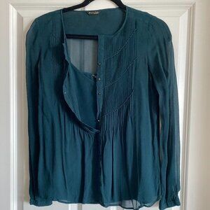 MASSIMO DUTTI Long Sleeve Blouse 1/2 Button Closure Sheer Hunter Green Color Sz4